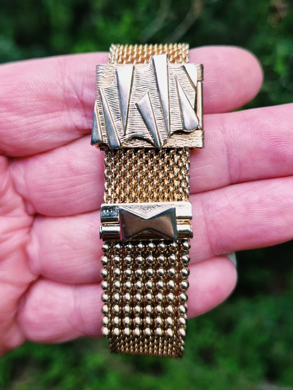 Vintage Victorian Revival Mesh Tassel Fringe Slide Bracelet Adjustable Gold Tone